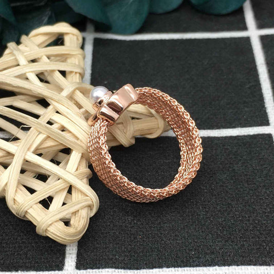 Wide rose IP Steel and Rose Silver Vermeil Real Sisy Ring with Pearl