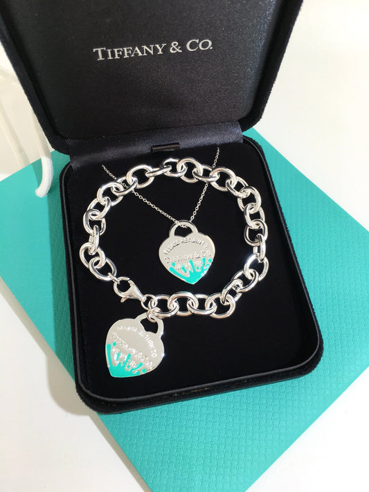 Return to Tiffany Blue Enamel Color Splash Heart Tag Charm Bracelet and necklace