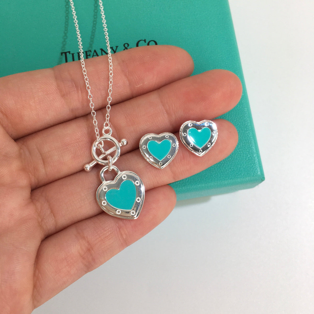 Set of Tiffany & Co Return to Tiffany Small blue Heart Stud Earrings Silver Necklace earrings Bracelets