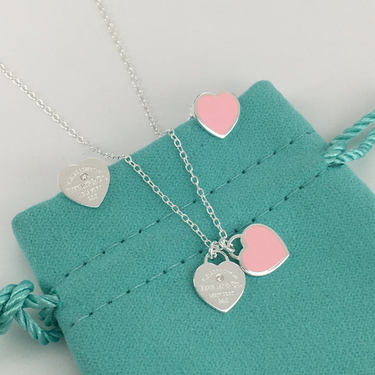 Set of Tiffany & Co Return to Tiffany Small Pink Heart Stud Earrings Silver Necklace earrings
