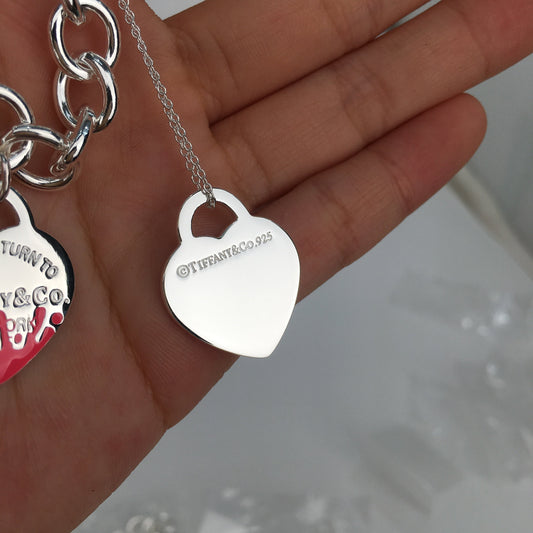 Return to Tiffany pink Enamel Color Splash Heart Tag Charm Bracelet and necklace