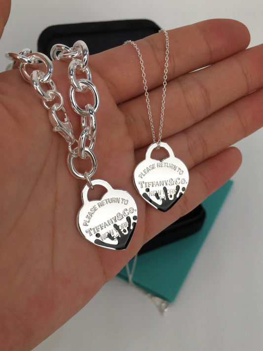 Return to Tiffany black Enamel Color Splash Heart Tag Charm Bracelet and necklace