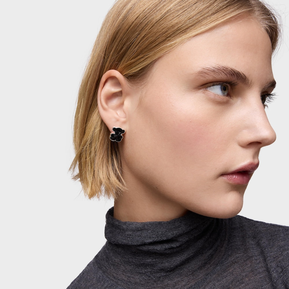 16 mm silver and onyx bear Earrings Icon Color