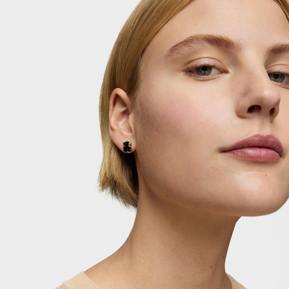10 mm 18kt gold plating over silver and onyx bear Earrings Icon Color | TOUS