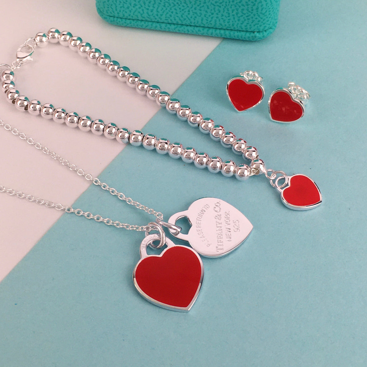 Set of Tiffany & Co Return to Tiffany Small Red Heart  Stud Earrings Silver  Necklace earrings Bracelet
