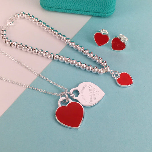Juego de Tiffany & Co Return to Tiffany Pequeños Aretes de Corazón Rojo de Plata Collar aretes Pulsera