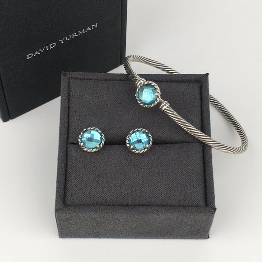 Set of David Yurman blue Chatelaine Stud Earrings bracelet sterling silver