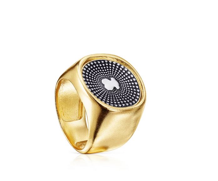 Two-tone Oursin silver vermeil ring with sterling silver bear and black enamel