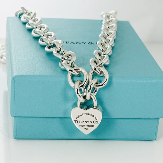 18" Return to Tiffany & Co Heart Padlock Lock Pendant Rolo Necklace in