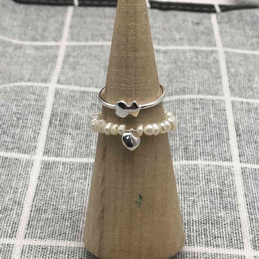 Silver and cultured pearls Mini Icons heart and bear Ring set