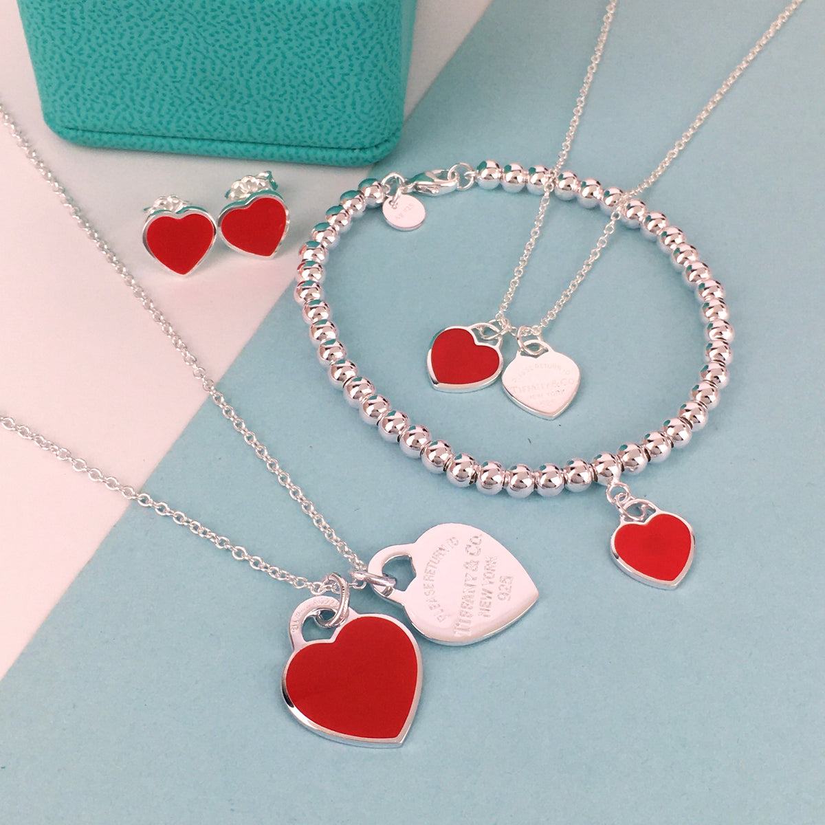 Set of Tiffany & Co Return to Tiffany Small Red Heart  Stud Earrings Silver  Necklace earrings Bracelet