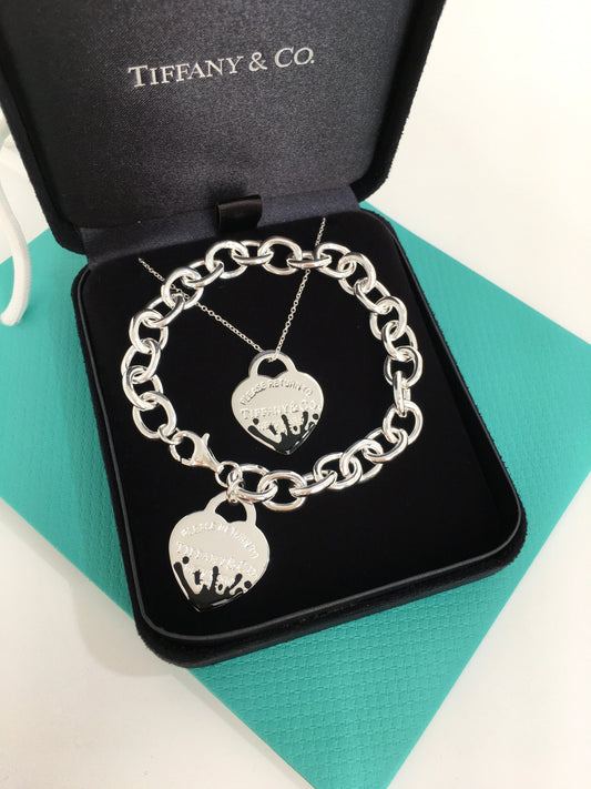 Return to Tiffany black Enamel Color Splash Heart Tag Charm Bracelet and necklace