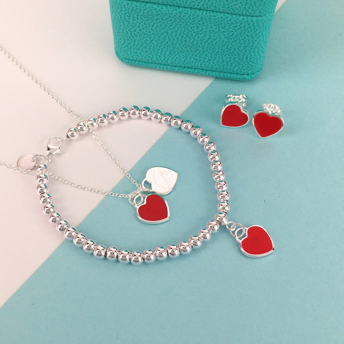 Set of Tiffany & Co Return to Tiffany Small Red Heart  Stud Earrings Silver  Necklace earrings Bracelet
