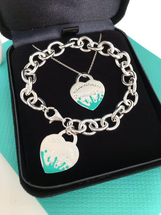 Return to Tiffany Blue Enamel Color Splash Heart Tag Charm Bracelet and necklace