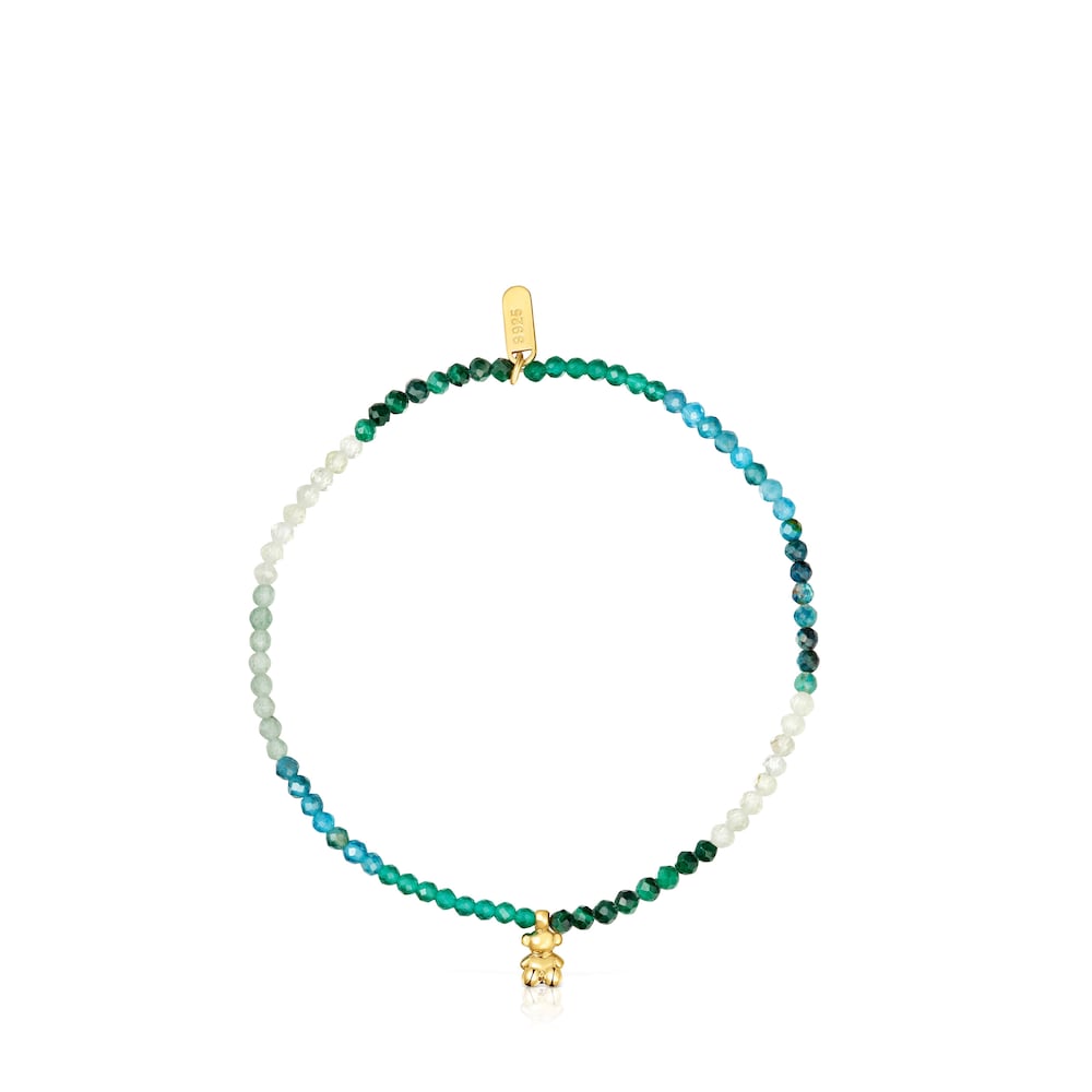 Pulsera elástica de plata con baño de oro de 18 quilates y piedras preciosas verdes Bold Bear |