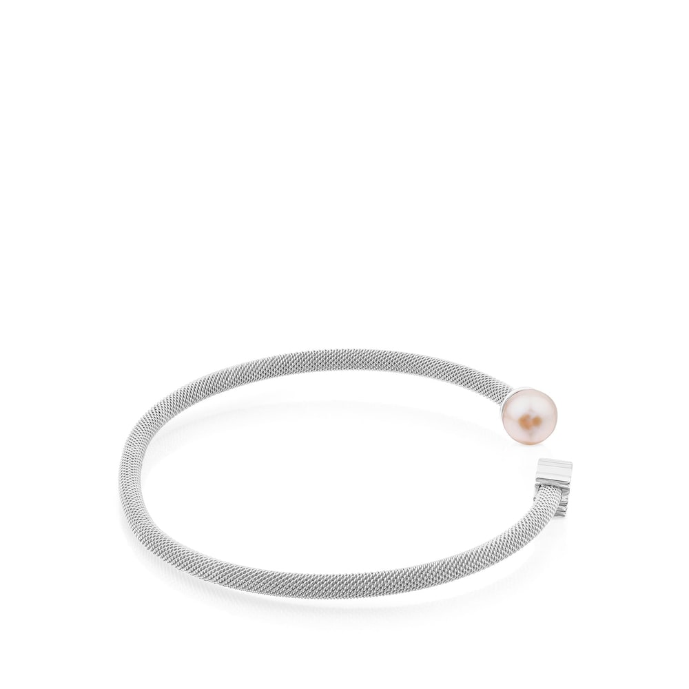 Pulsera malla TOUS de plata con perla de 0,7cm