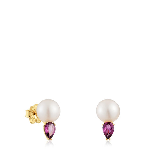 Gold Earrings with rhodolites and cultured pearl Ivette |
