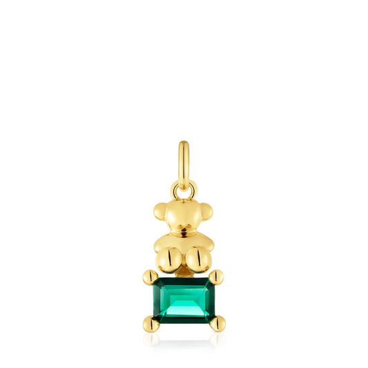 Small 18kt gold plating over silver bear motif Pendant with lab-grown green emerald Bold Bear LGG