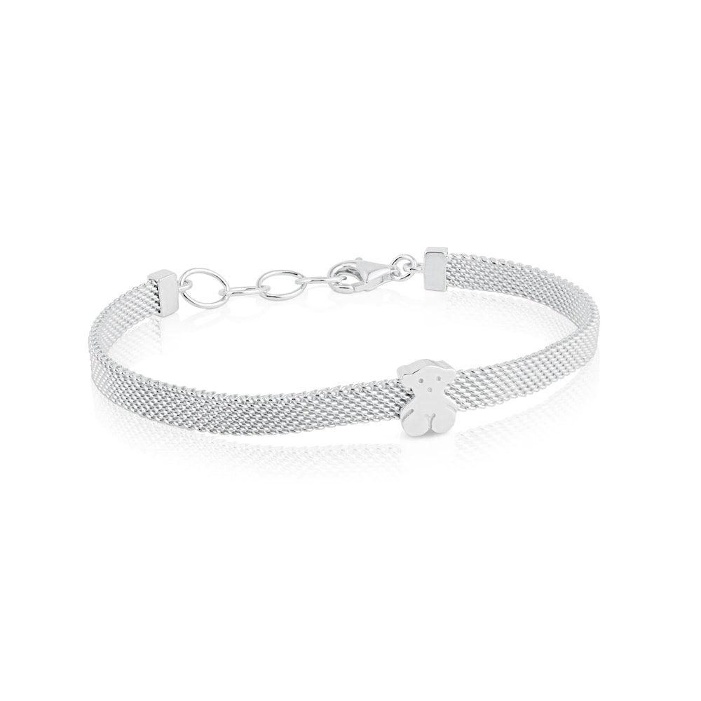 Pulsera de malla con oso plateado