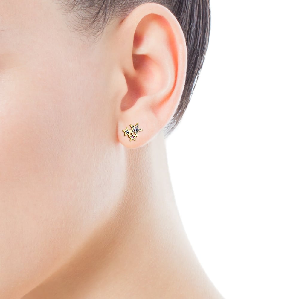 Short-long Silver Vermeil Teddy Bear Stars Earrings with Gemstones