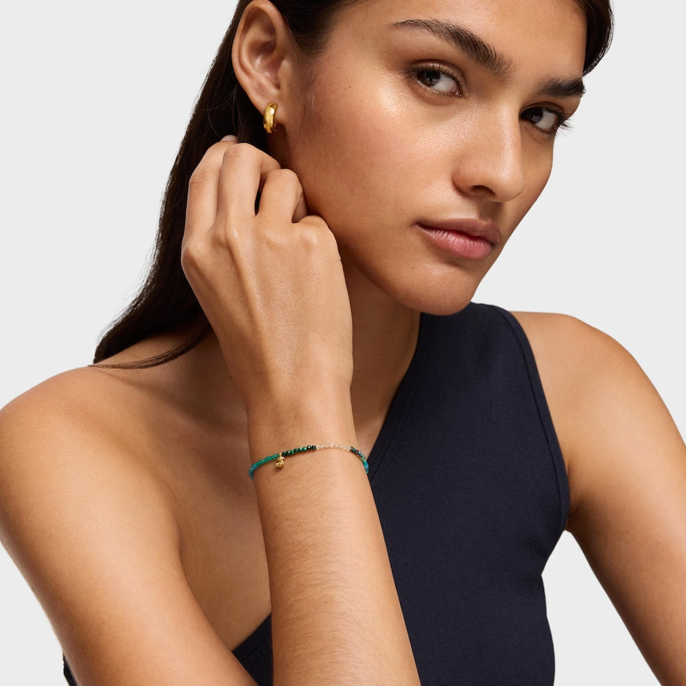 Pulsera elástica de plata con baño de oro de 18 quilates y piedras preciosas verdes Bold Bear |