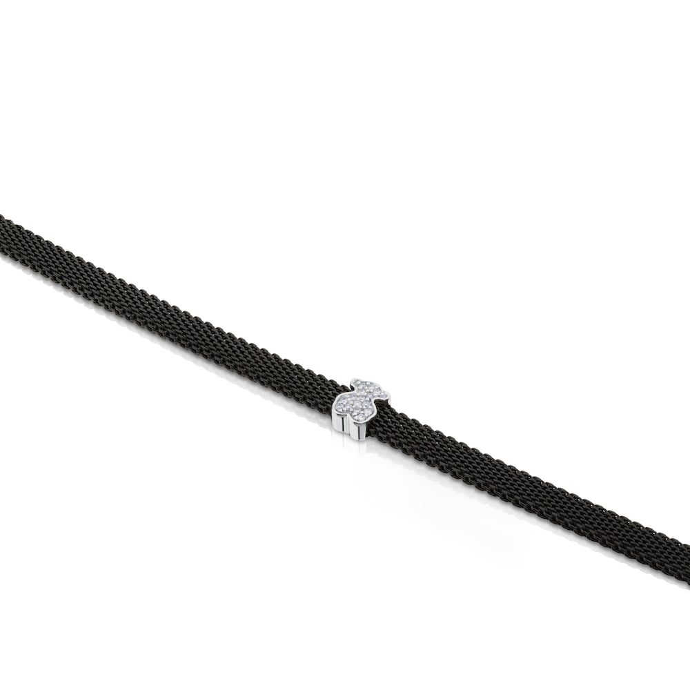 Pulsera de malla con icono dorado de TPU blanca y acero con motivo de oso de diamantes