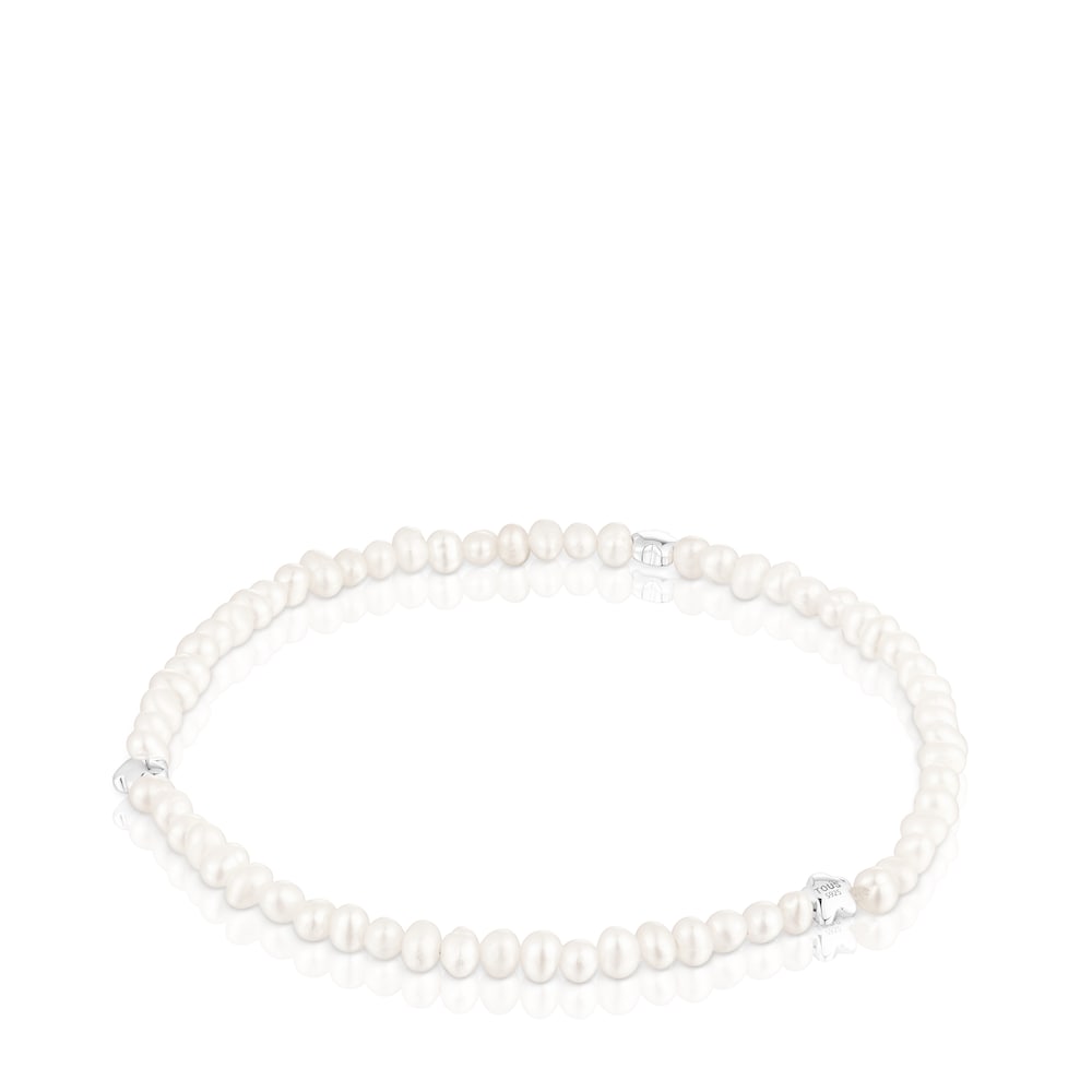 Pulsera elástica de motivo atrevido con perlas cultivadas y motivos florales en plata |