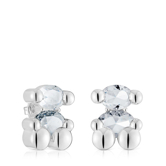 23 mm silver and rock crystal quartz bear motif Earrings Color Bear |