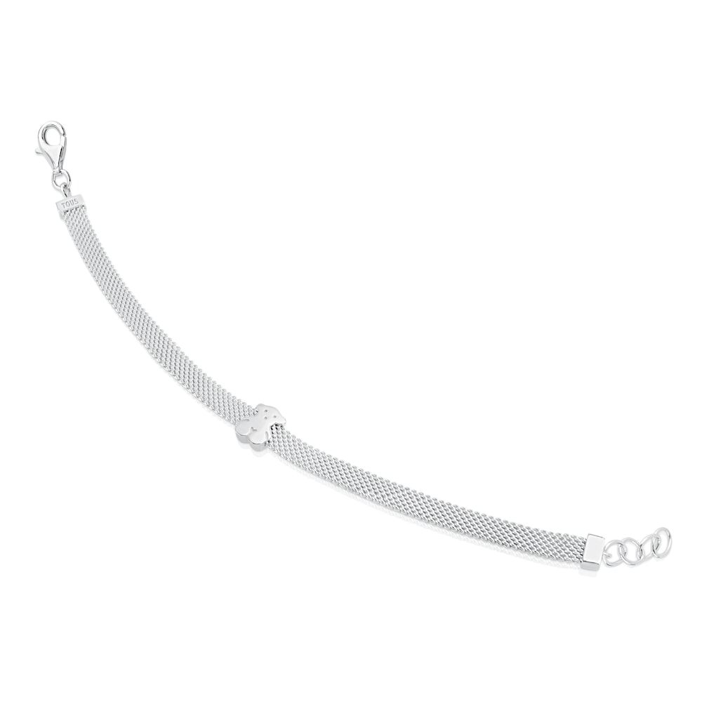 Pulsera de malla con oso plateado