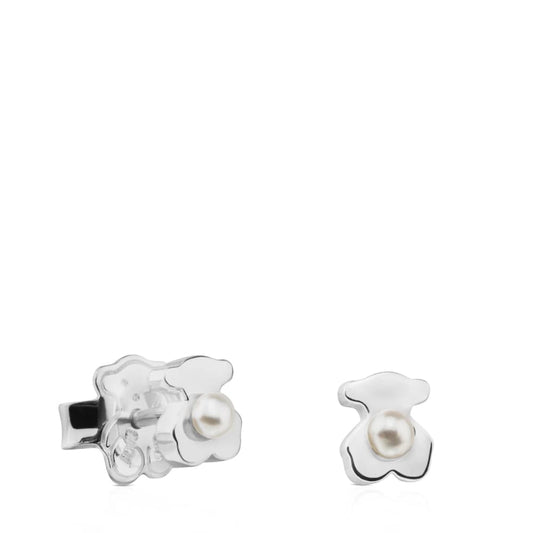 Silver Super Power Earrings with Pearls Bear motif