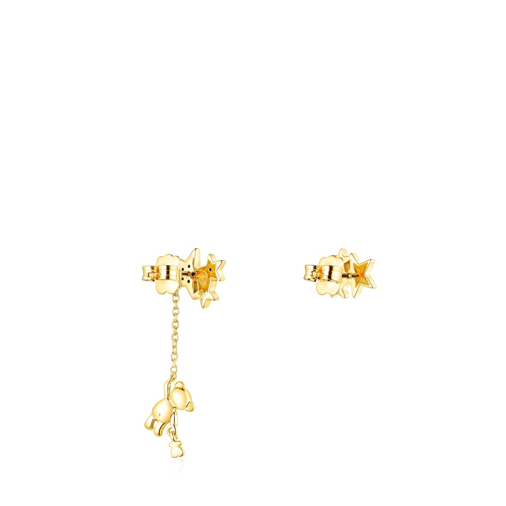 Short-long Silver Vermeil Teddy Bear Stars Earrings with Gemstones