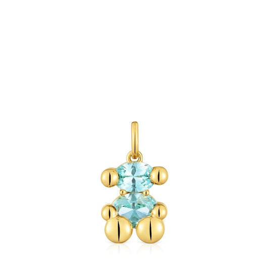 Small 18kt gold plating over silver bear motif Pendant and blue lab-grown sapphire Color Bear LGG |