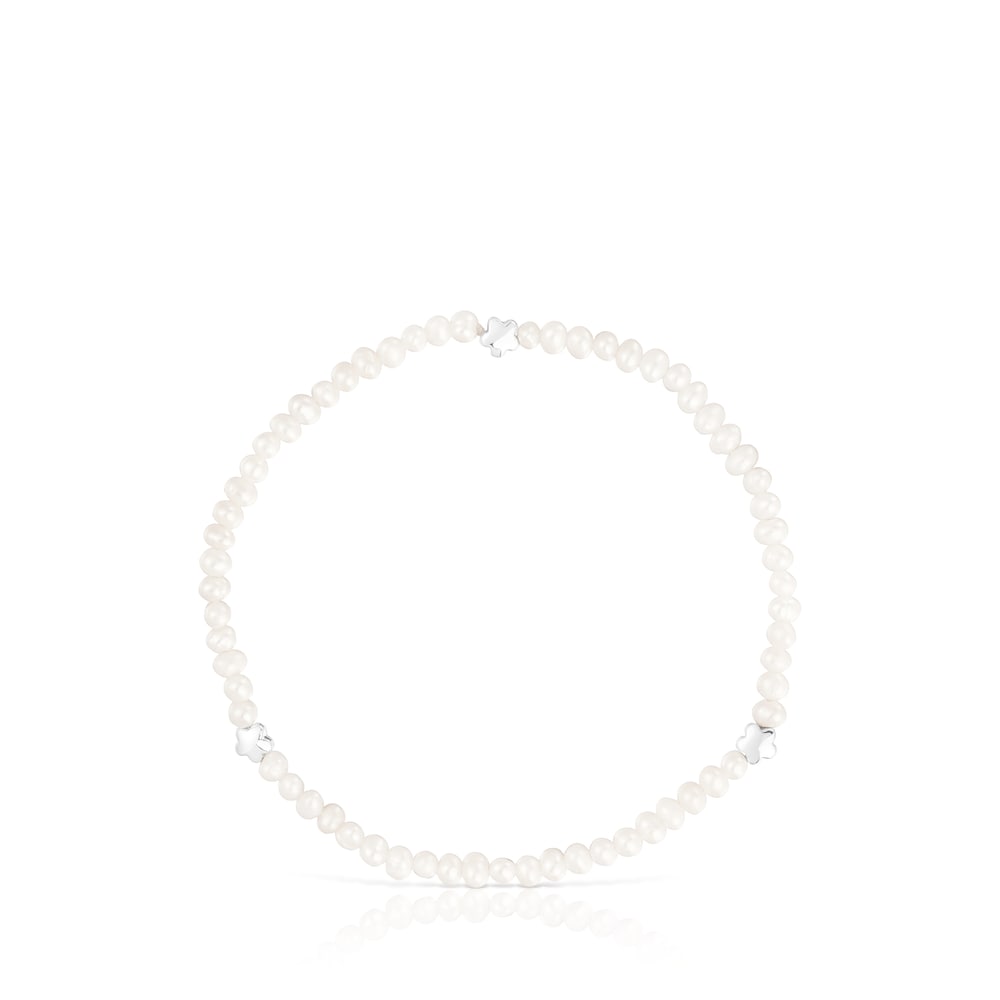 Pulsera elástica de motivo atrevido con perlas cultivadas y motivos florales en plata |