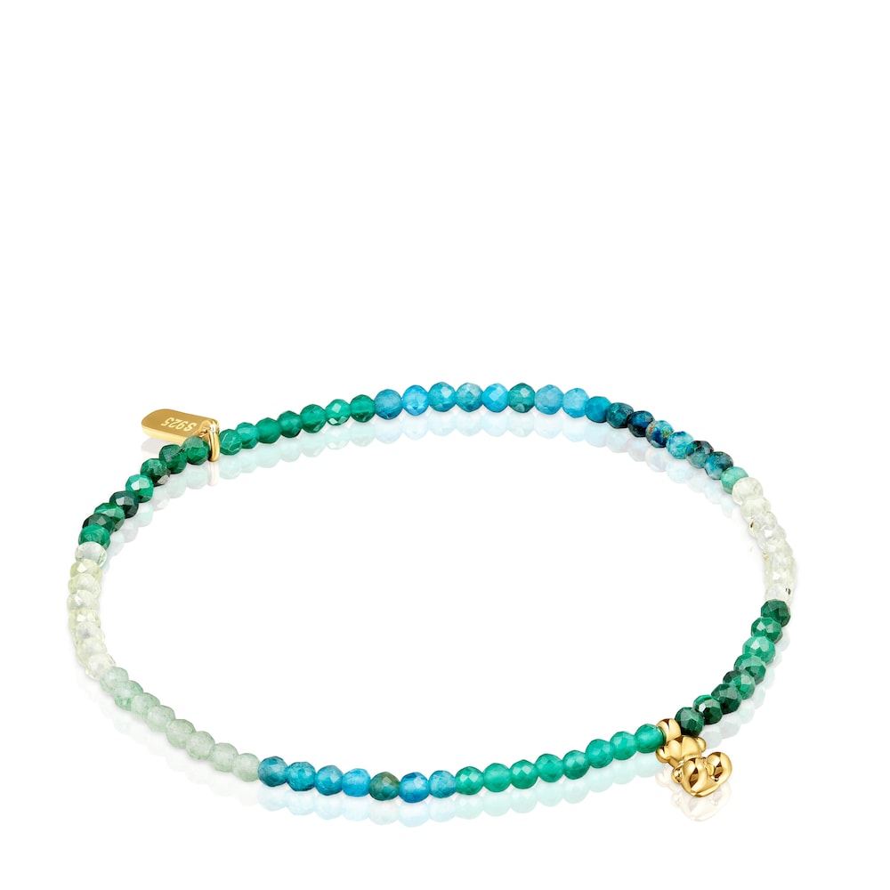 Pulsera elástica de plata con baño de oro de 18 quilates y piedras preciosas verdes Bold Bear |