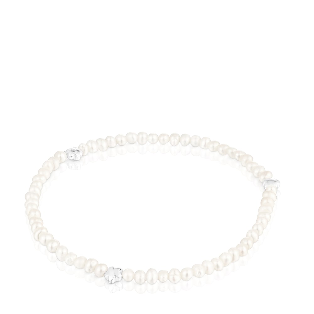 Pulsera elástica de motivo atrevido con perlas cultivadas y motivos florales en plata |
