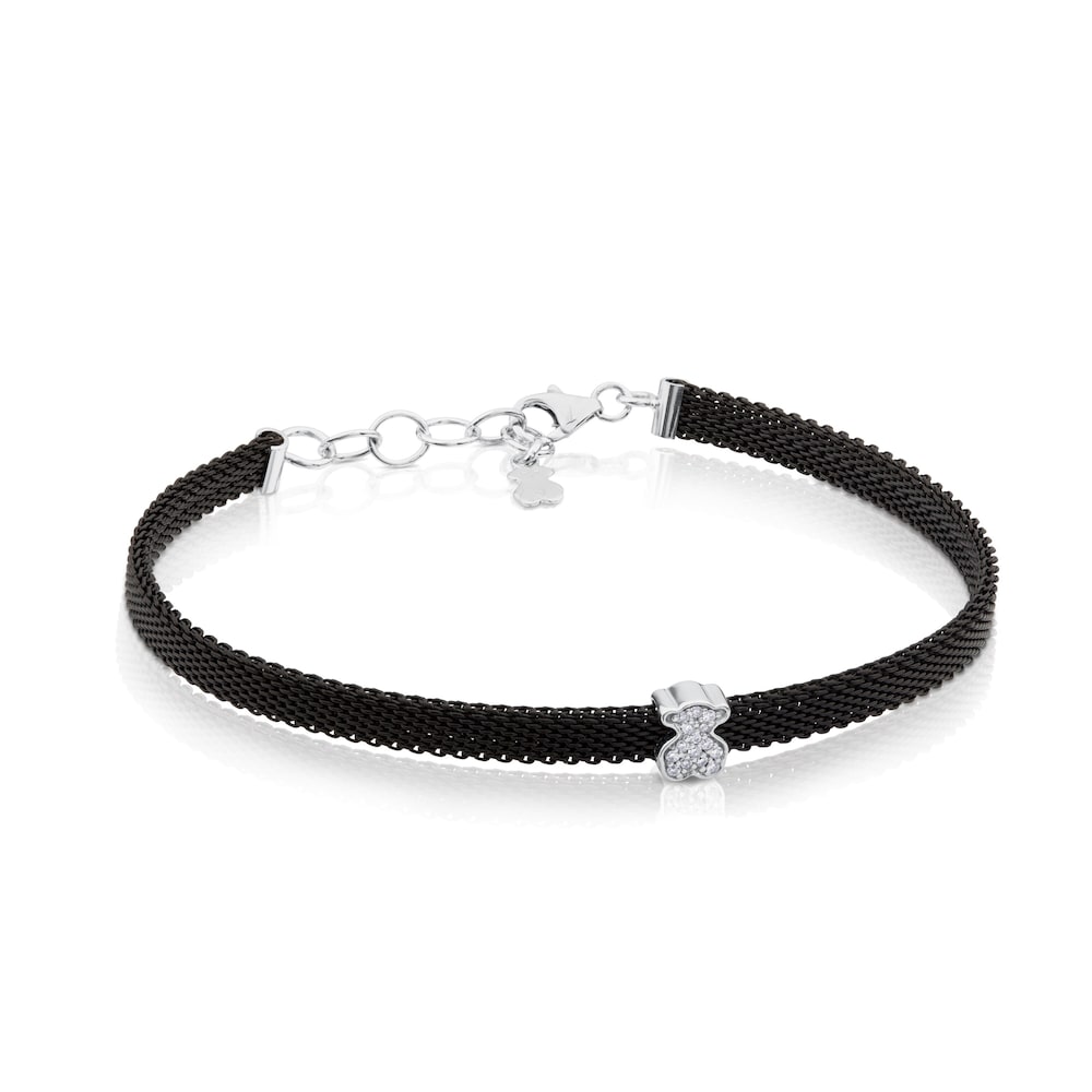 Pulsera de malla con icono dorado de TPU blanca y acero con motivo de oso de diamantes