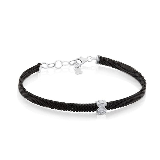 Pulsera de malla con icono dorado de TPU blanca y acero con motivo de oso de diamantes