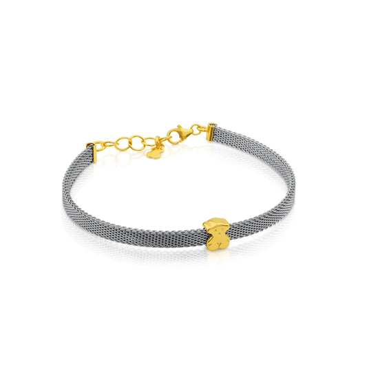 Pulsera de malla con icono de acero y oro