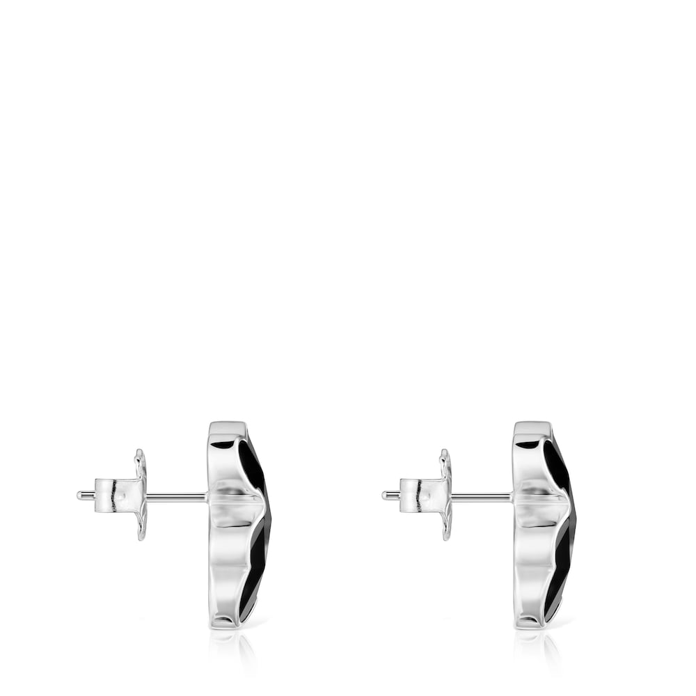 16 mm silver and onyx bear Earrings   Icon Color