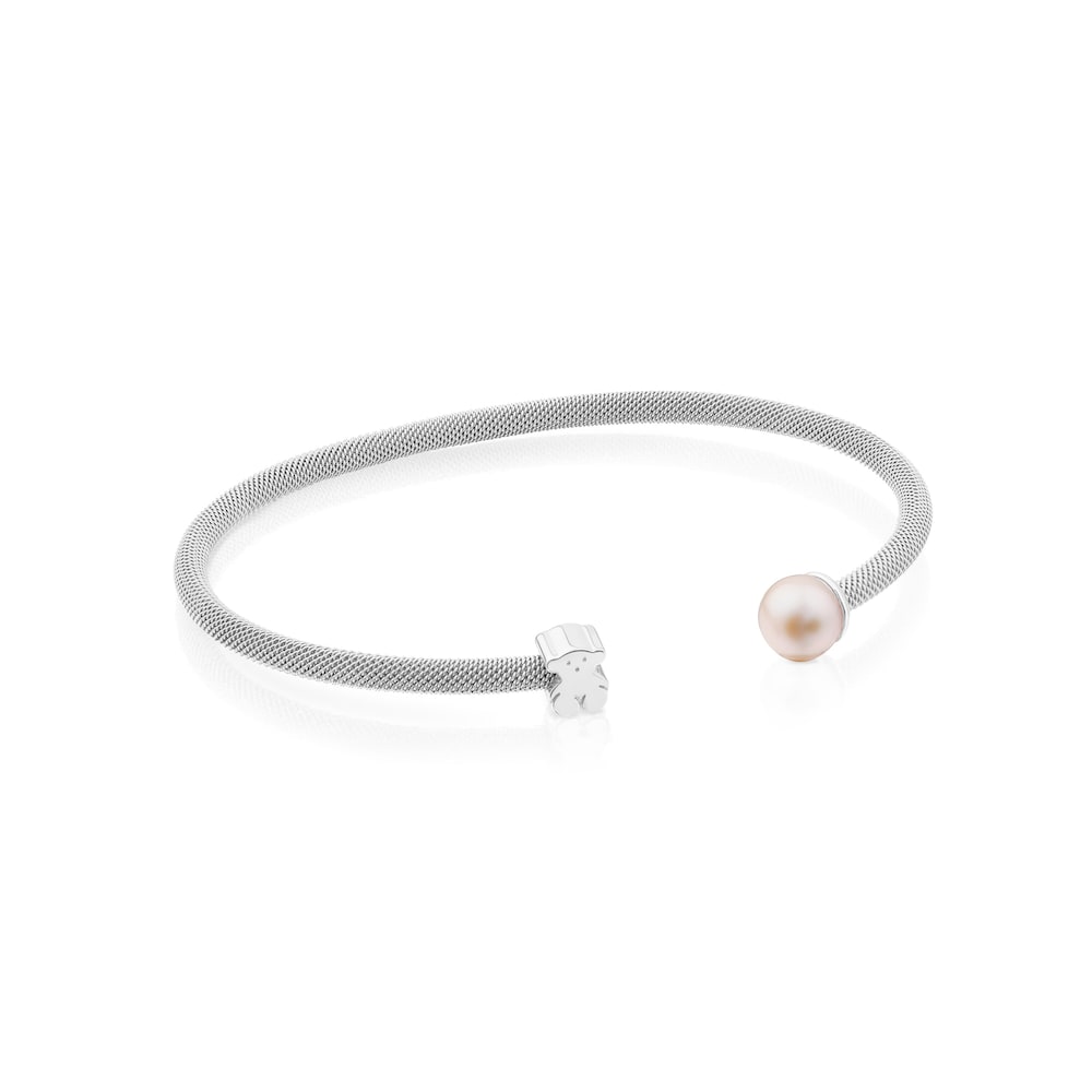 Pulsera malla TOUS de plata con perla de 0,7cm