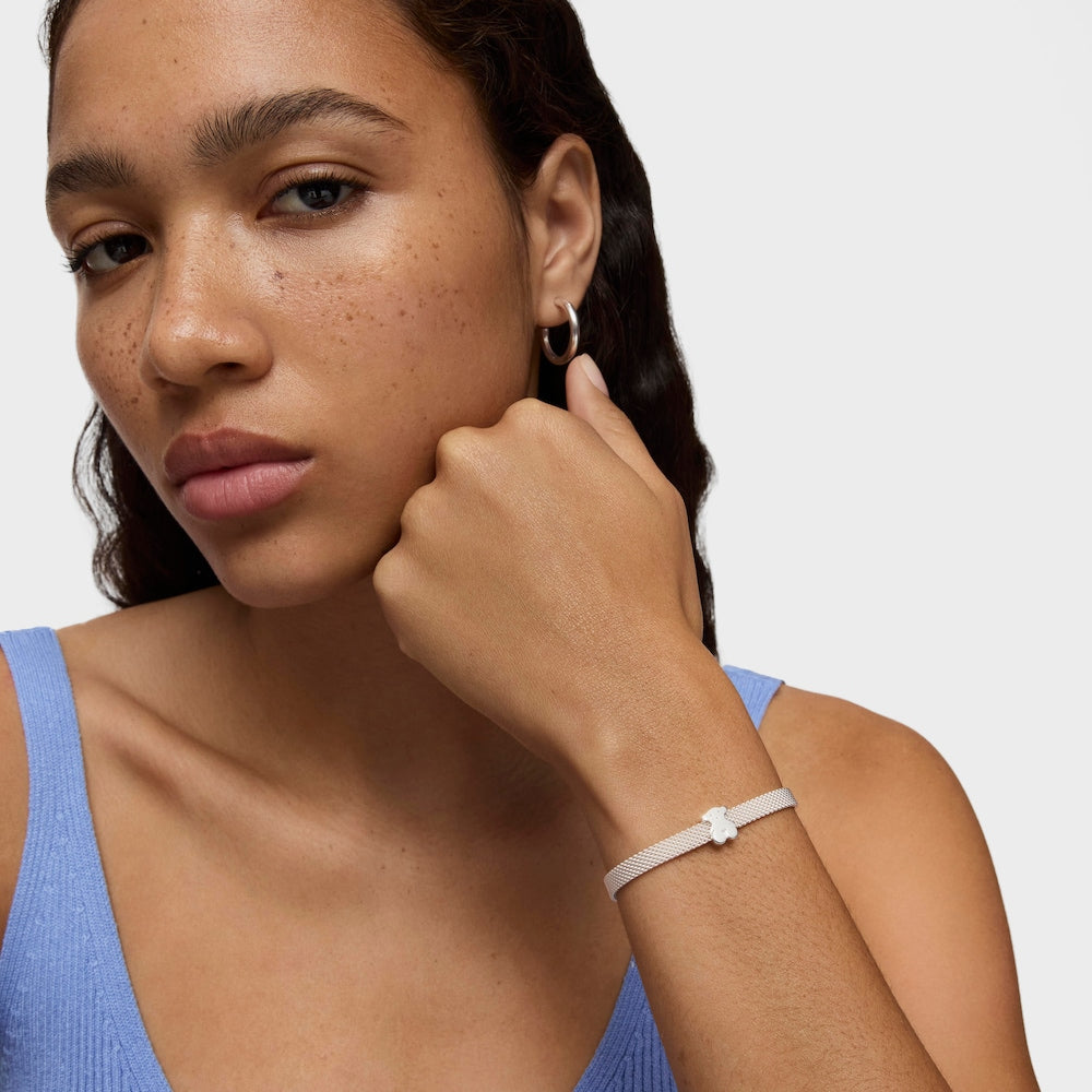 Pulsera de malla con oso plateado